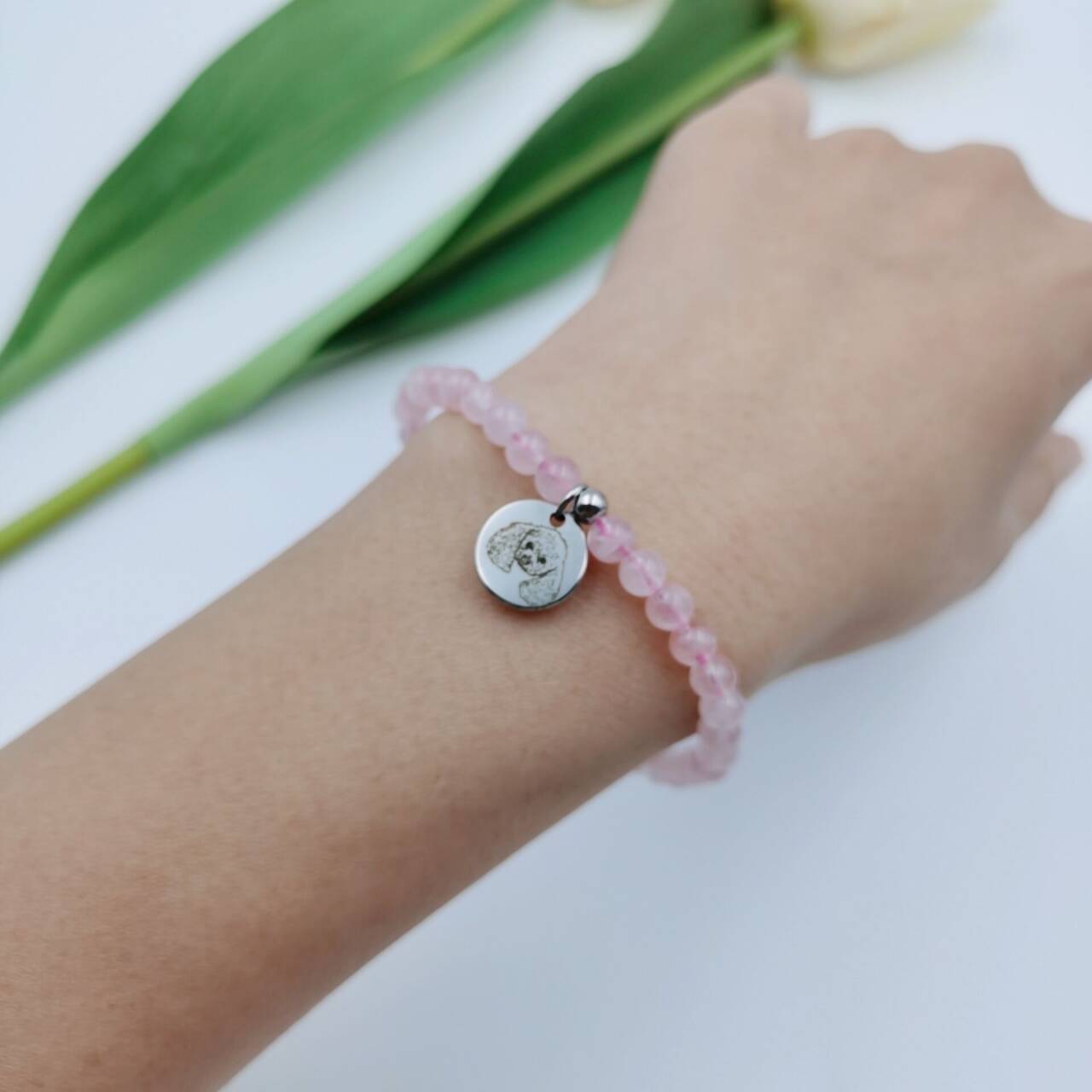 Pink Rose Crystal Energy Bracelet (Personalized Pet Portrait)
